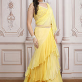 Soft Yellow Layered Lehenga Set With Embroidered Blouse