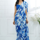 Blue Embroidered Printed Ruffle Saree