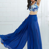 Blue Printed Blouse With Ombre Pleated Palazzo