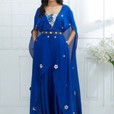 Blue Printed Blouse With Ombre Cape Set