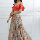 Orange Off Shoulder Printed Lehenga