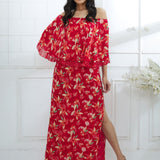 Red Printed Cape Dress With Side Slit