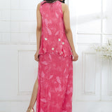 Fuchsia Printed Cape Dress With Side Slit