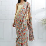 Pale Yellow and Grey Ruffle Saree