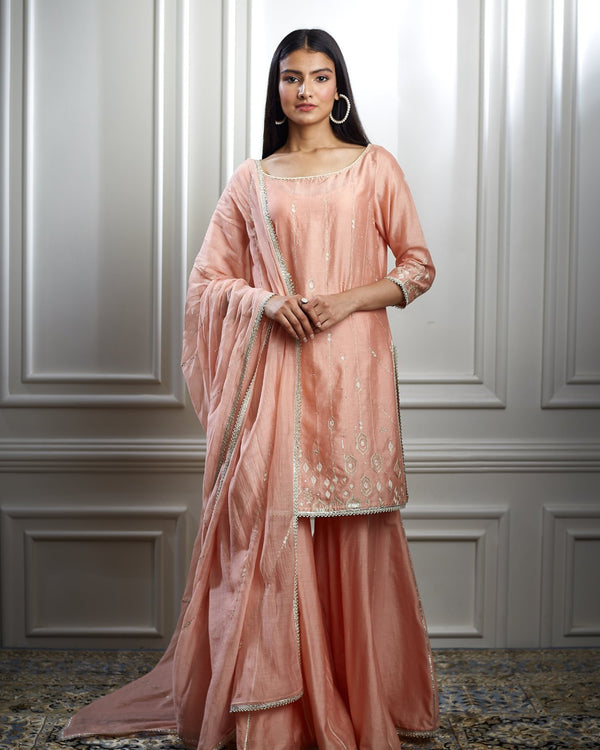 Peach Embellished Kurta Sharara Set