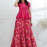 Fuchsia Embroidered Peplum With Printed Lehenga