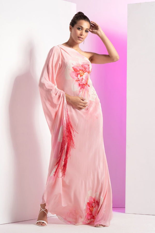 Pink Flutter Crepe Off-shoulder Maxi Dress
