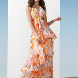 Chiffon orange printed halter tiered dress