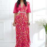 Fuchsia Embroidered Ruffle Saree Set
