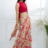 Red Embroidered Printed Ruffle Saree