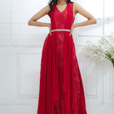 Red Printed Dress With Side Drape