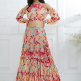 Multicolor Embroidered Top With Tiered Lehenga