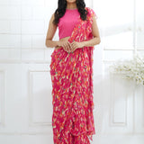 Fuchsia Embroidered Printed Ruffle Saree Set