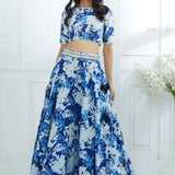 Blue Printed Embroidered Blouse And Lehenga