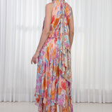Hibiscus Printed Dress With High Neck Tie Up