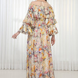 Autumn Leaves Printed Brasso Dress With Embroidered Neck Detailing
