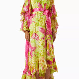 Vibrant Lime-Yellow Floral Maxi Dress