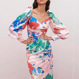 Satin Printed Draped Dress