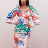 Satin Printed Draped Dress