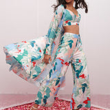 Satin Printed Jacket With Pants And Bustier