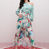Satin Printed Off Shoulder Top With Wrap Skirt