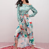Satin Printed Off Shoulder Top With Wrap Skirt