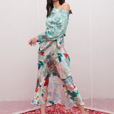 Satin Printed Off Shoulder Top With Wrap Skirt