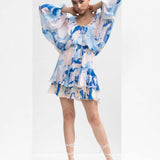 Mystic Blue Printed Chiffon Short Dress