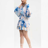 Mystic Blue Printed Chiffon Short Dress