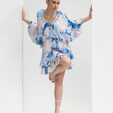Mystic Blue Printed Chiffon Short Dress