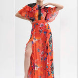 Red Garden Printed Slit Dress