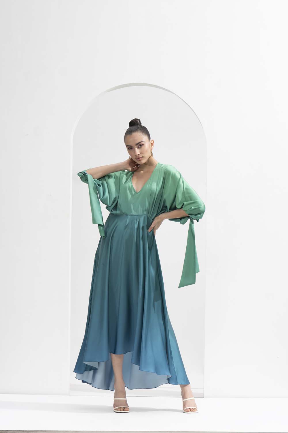 Ombre printed lustrous satin dress with a high-low hemline. #RTS