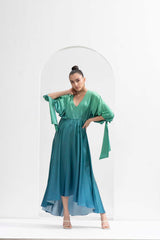 Ombre printed lustrous satin dress with a high-low hemline