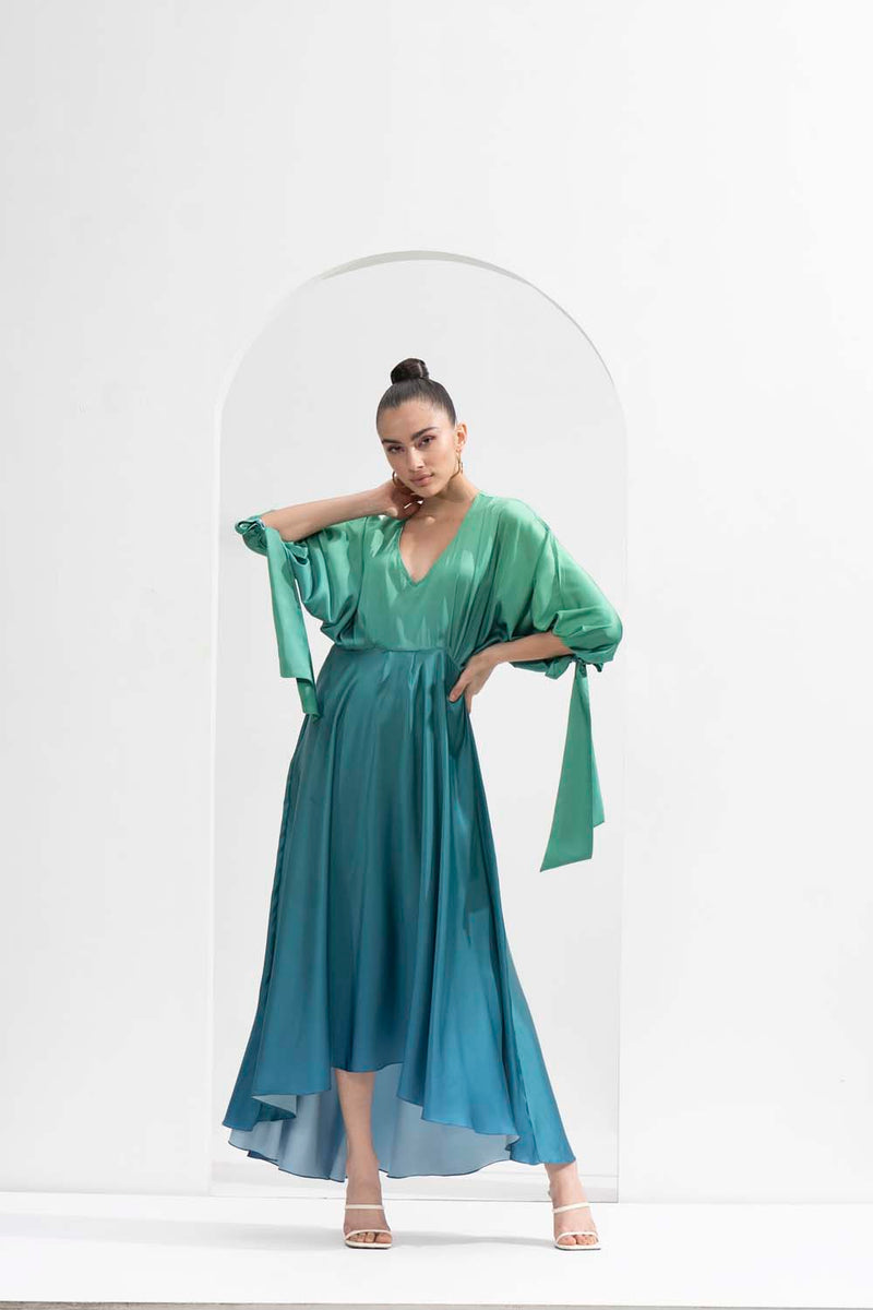 Ombre printed lustrous satin dress with a high-low hemline