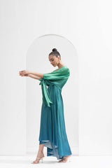 Ombre printed lustrous satin dress with a high-low hemline