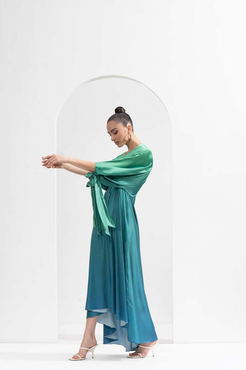 Ombre printed lustrous satin dress with a high-low hemline