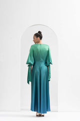 Ombre printed lustrous satin dress with a high-low hemline