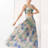 Mystic green mesh lurex printed co-ord set