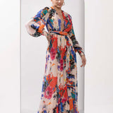 Ivory printed chiffon slit dress