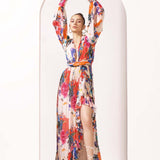 Ivory printed chiffon slit dress