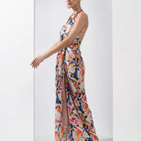 Abstract printed draped halter neck dress