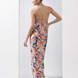 Abstract printed draped halter neck dress
