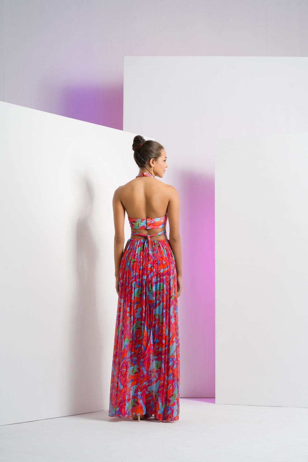 Multi printed mesh dress with halter neck and ring detail