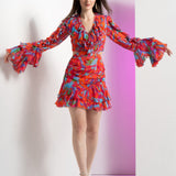 Mesh Multi Mini Dress With Ruffle At Neck
