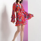 Mesh Multi Mini Dress With Ruffle At Neck