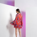 Mesh Multi Mini Dress With Ruffle At Neck