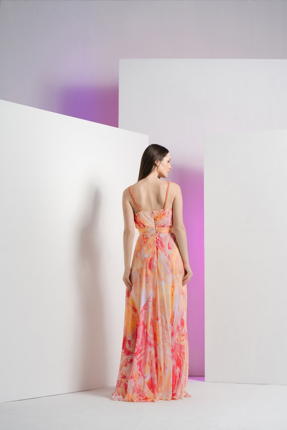 Peach raw crystal asymmetric dress with embroidered strap