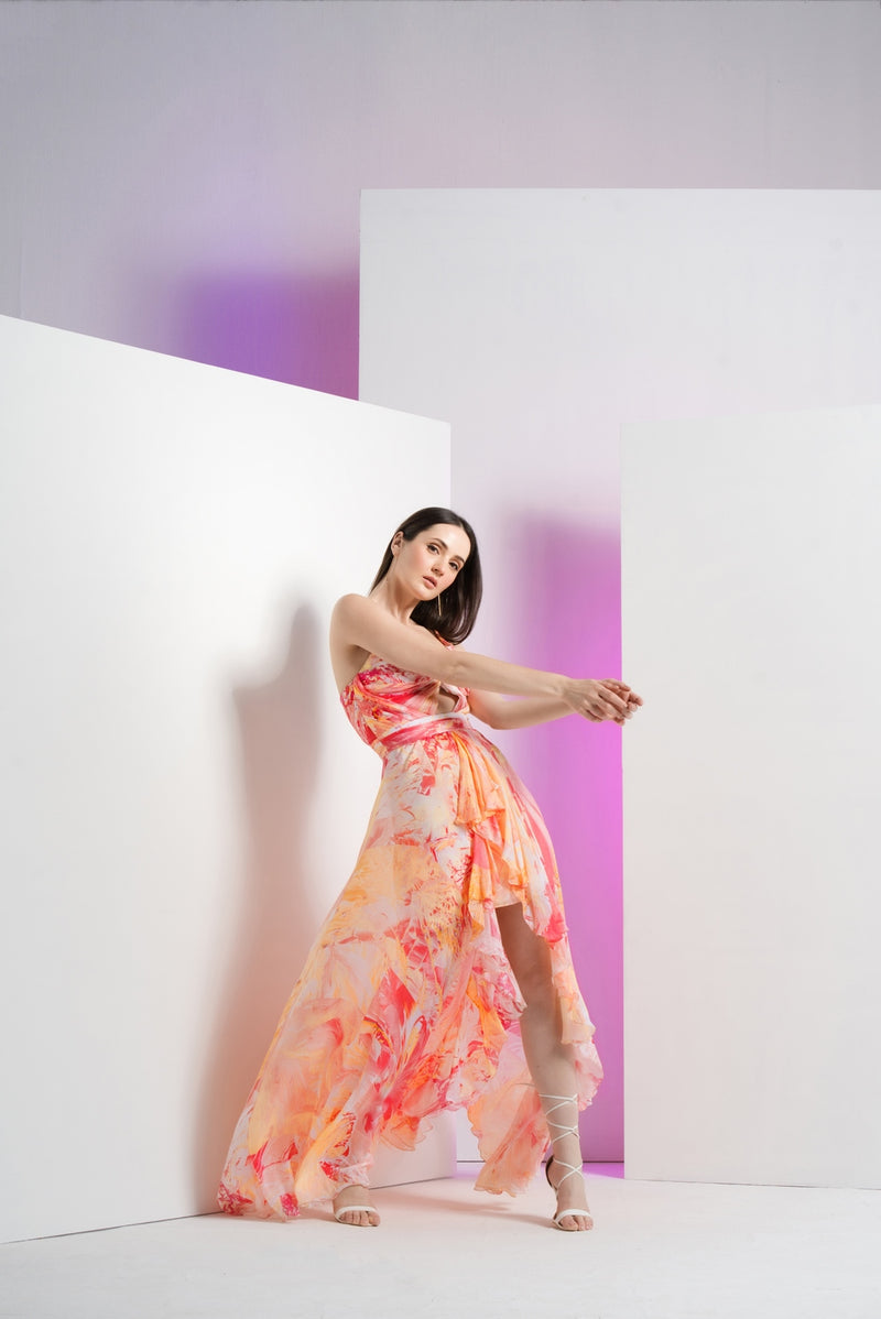 Peach raw crystal asymmetric maxi dress