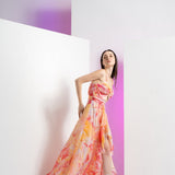 Peach Raw Crystal Asymmetric Maxi Dress