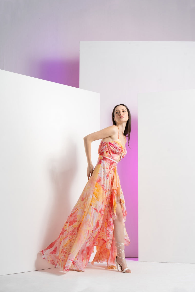 Peach raw crystal asymmetric maxi dress